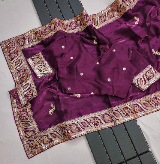 Beautiful Cut Work Border Wine Color Multi Thread Saree