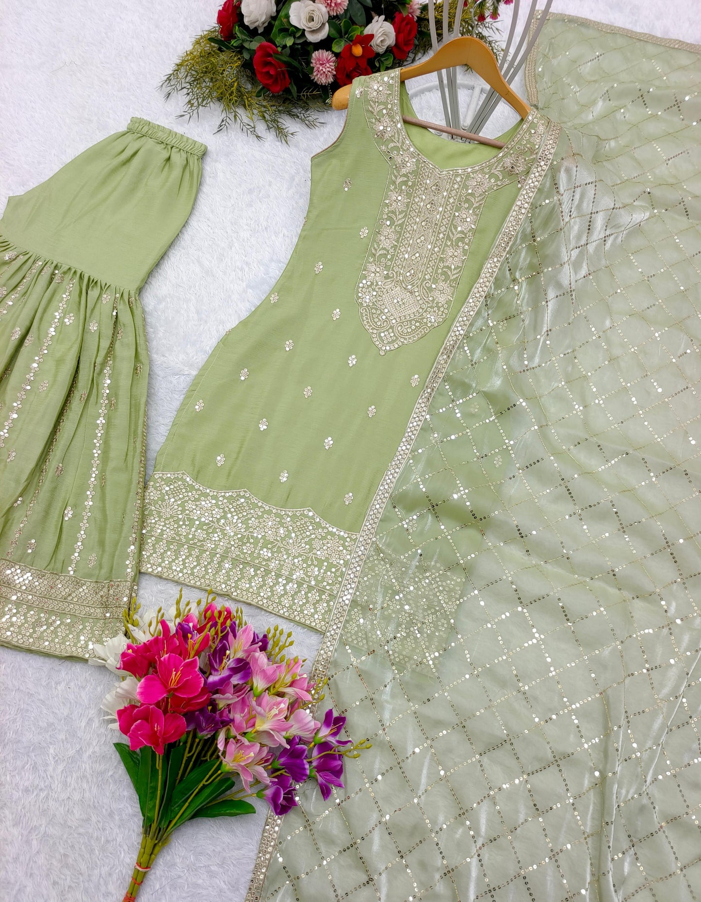 Glorious Green Color Embroidery 5mm Sequence Work Designer Sharara Suit