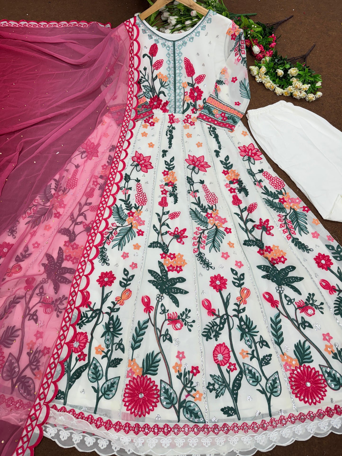 Marvelous White Multi Color Fancy Pakistani Work Anarkali Suit