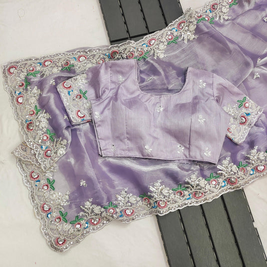 Captivating Lavender Color Multi Embroidery Work Saree