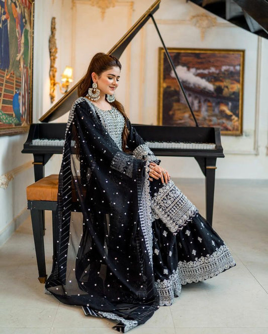 Opulent Black Color Sharara Suit With Dupatta