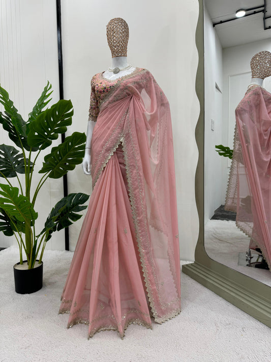 Wedding Wear Peach Color Thread Work Saree