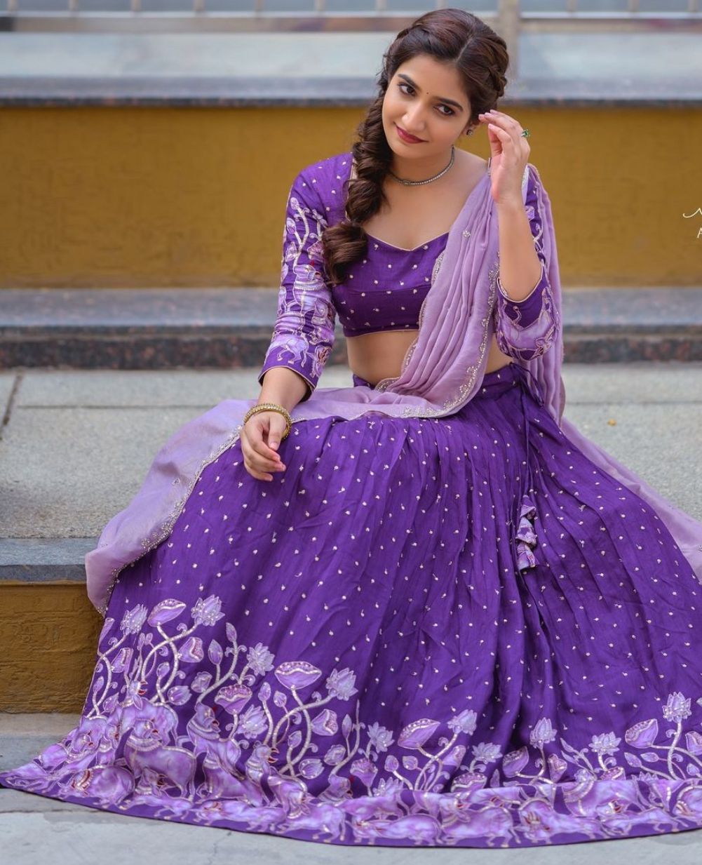 Wedding Wear Purple Color Pure Cotton kalamkari Print Lehenga Choli