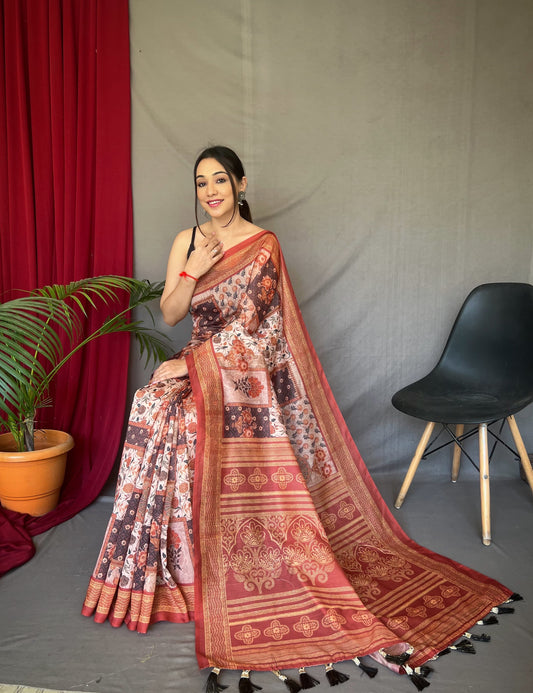 Multi Design With Kashmiri Print Red Border Saree