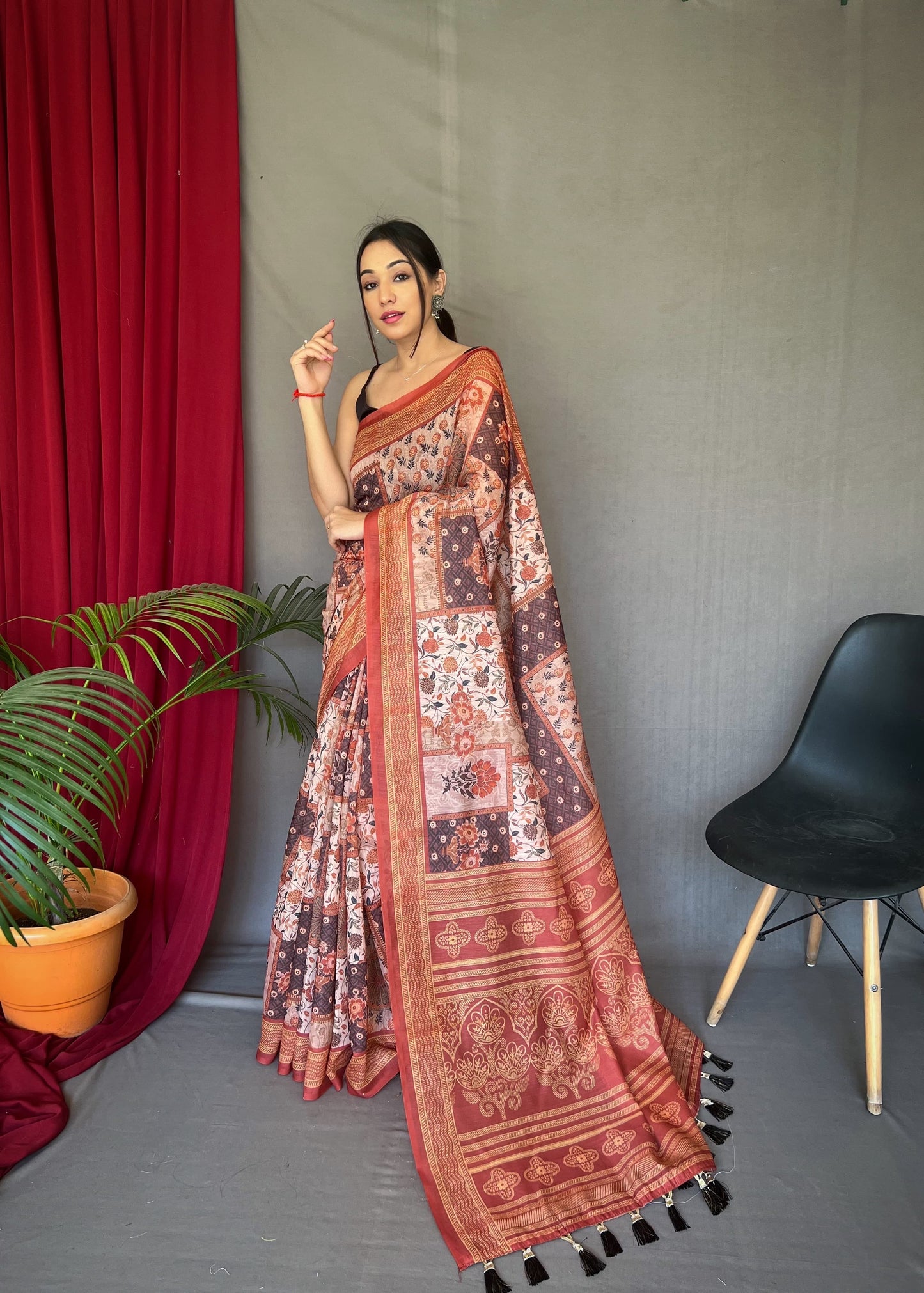 Multi Design With Kashmiri Print Red Border Saree