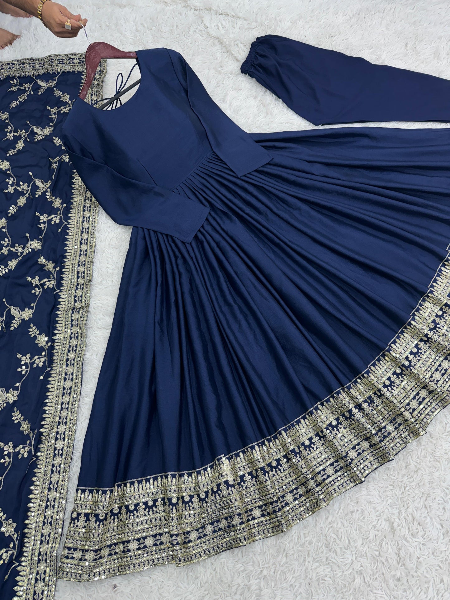 Adorable Embroidery Sequence Work Navy Blue Color Gown