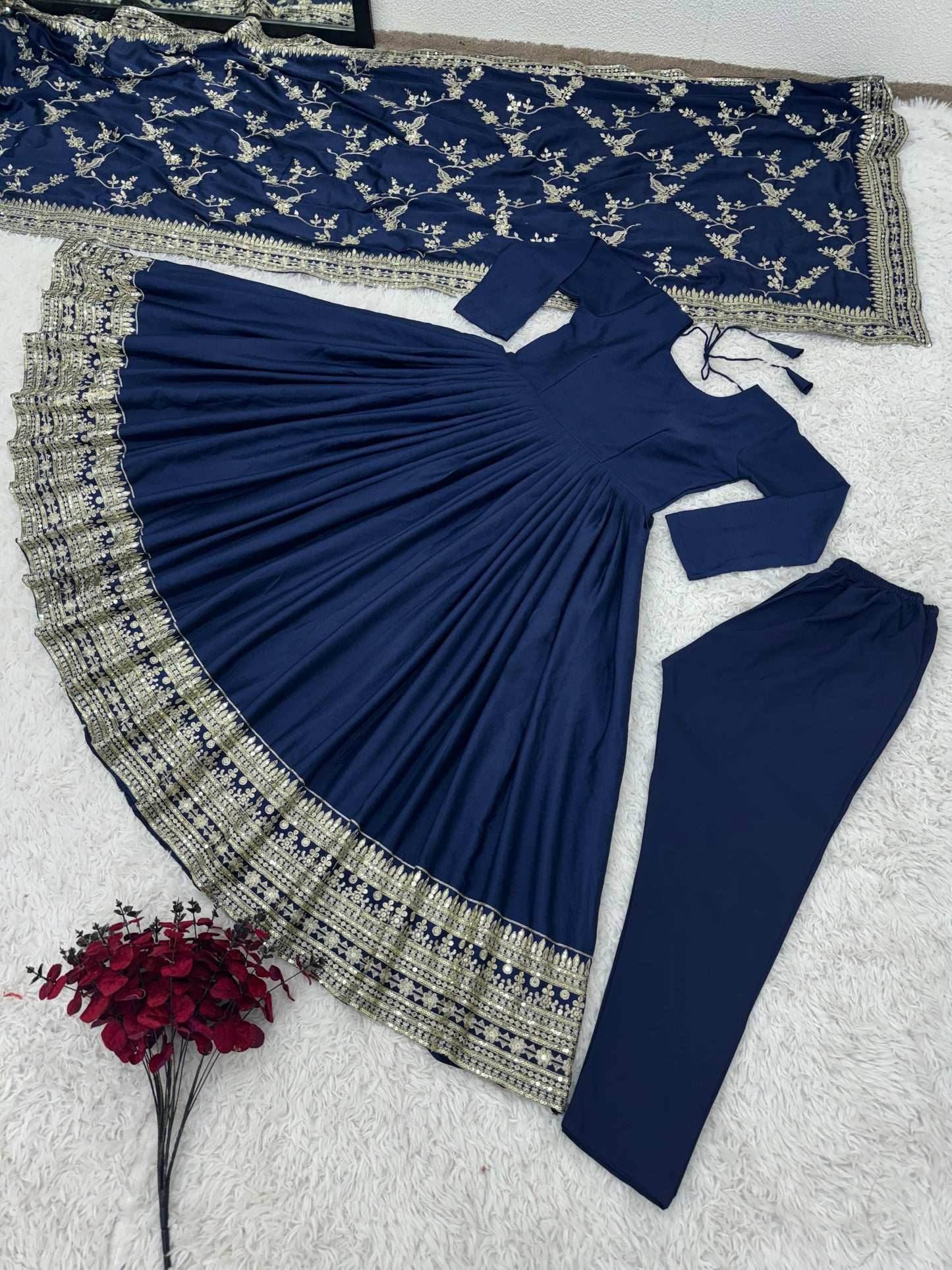Adorable Embroidery Sequence Work Navy Blue Color Gown