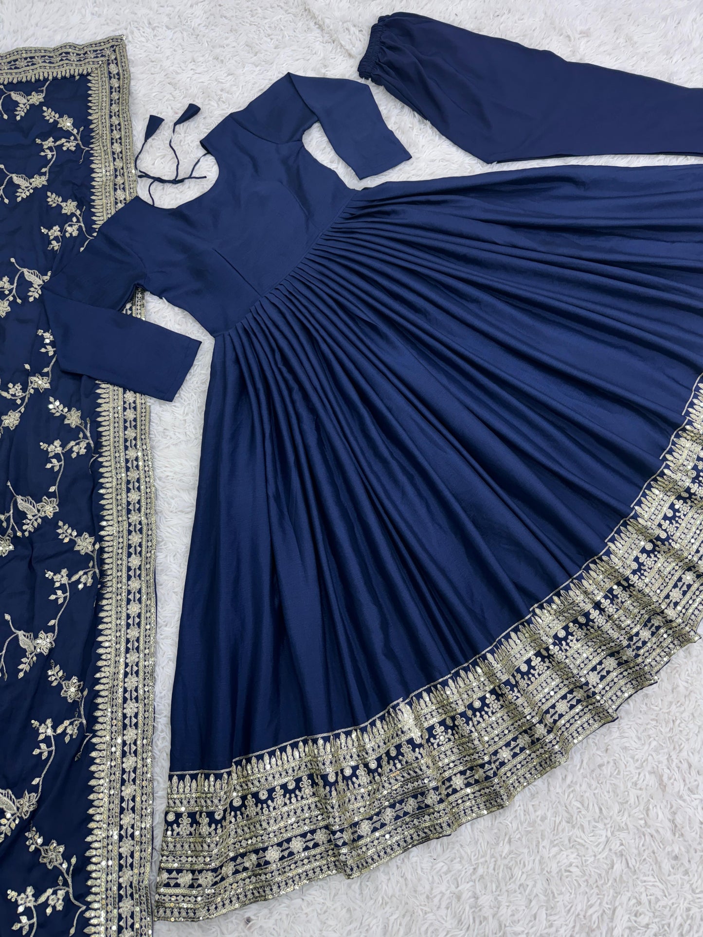 Adorable Embroidery Sequence Work Navy Blue Color Gown