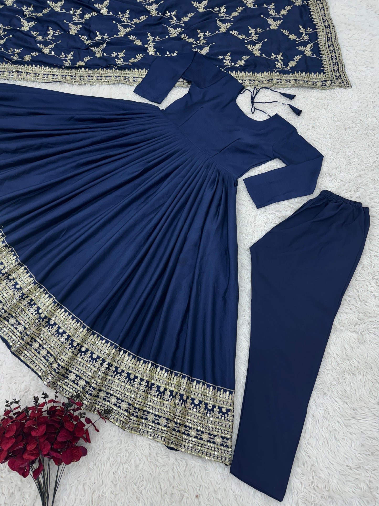 Adorable Embroidery Sequence Work Navy Blue Color Gown