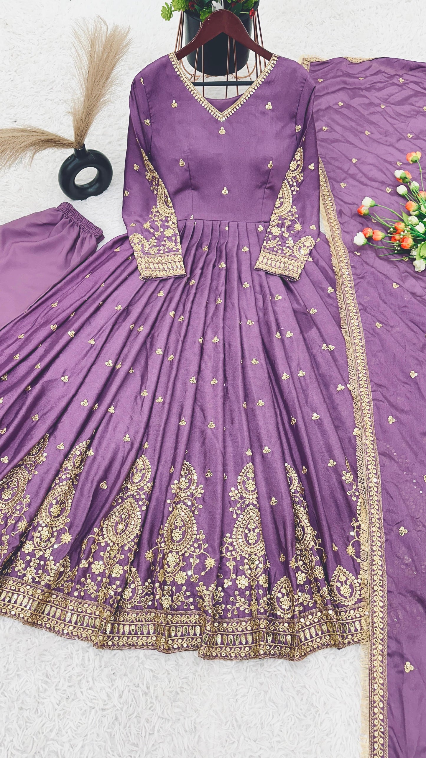 Fashionable Purple Color Heavy Embroidery Work With Sequence Work Designer Gown