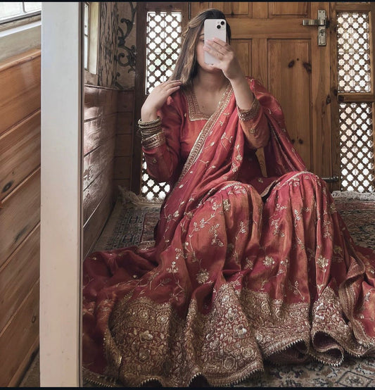 Function Wear Orange Color Heavy Work Sharara Suit