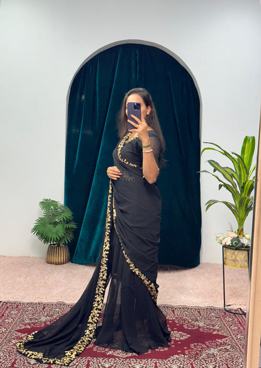 Trending Black Color Gown With Attached Pallu Saree
