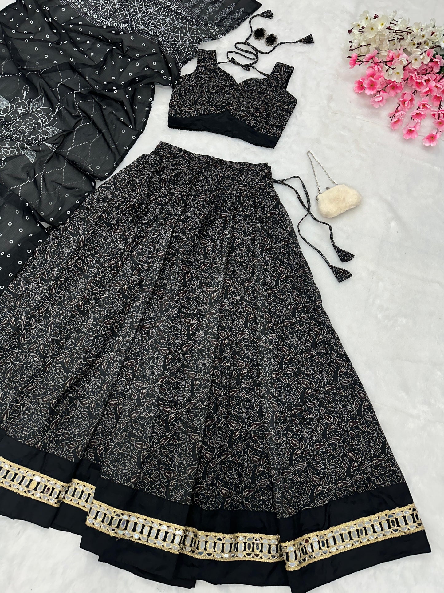 Mesmerizing Black Color Pure Soft Cotton Printed With Handwork Real Mirror Lace Lehenga Choli