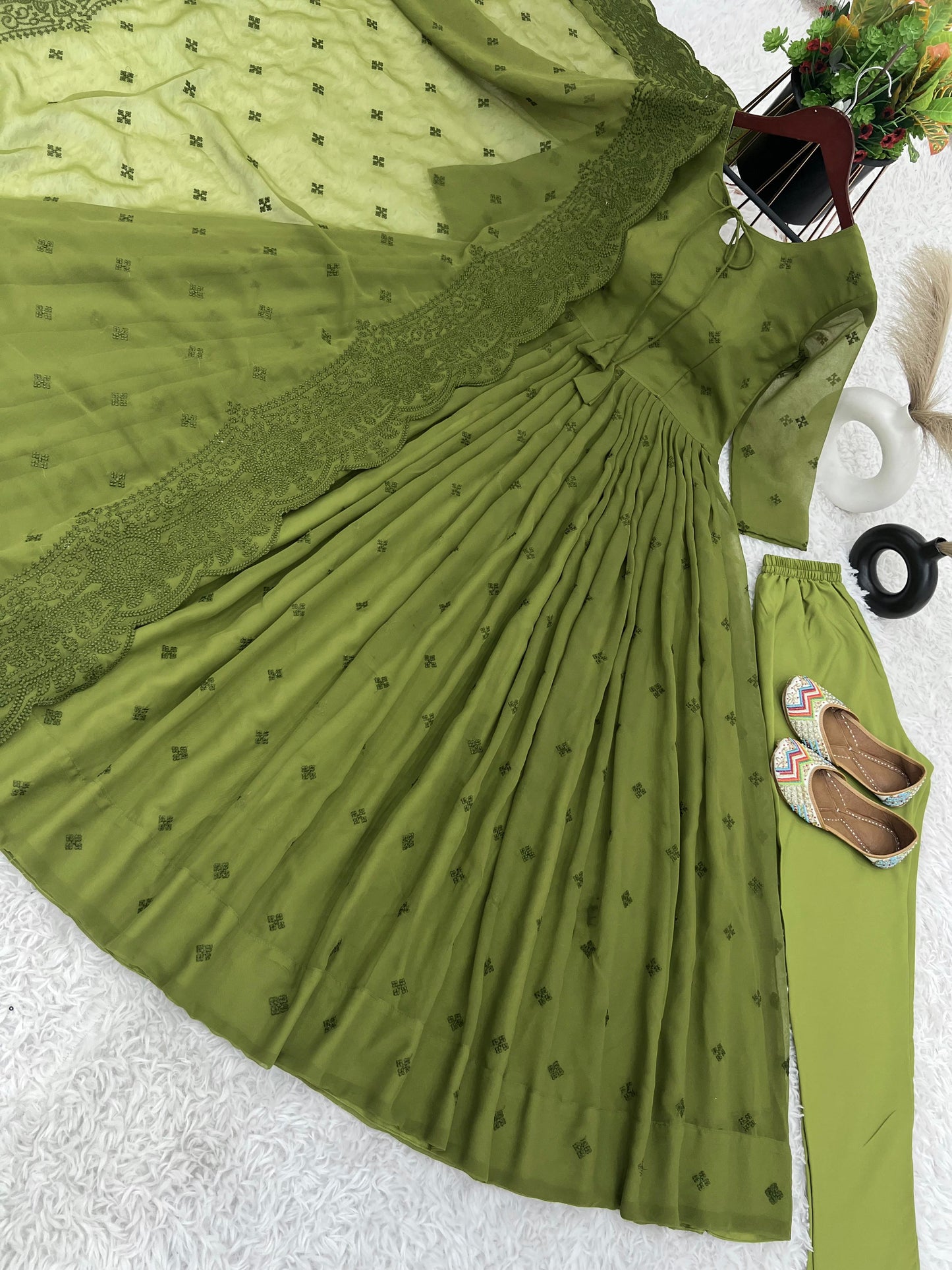 Party Wear Green Color Heavy Faux Georgette With Embroidery Work Designer Gown With Pent