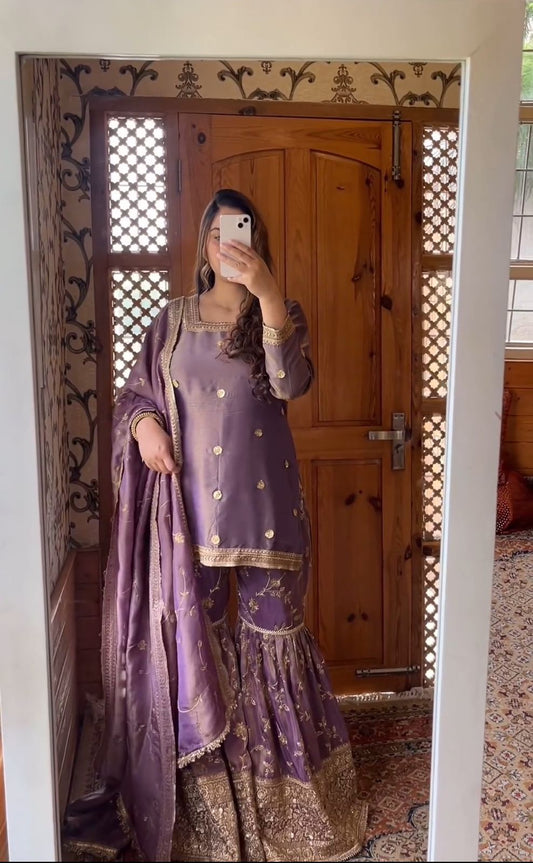 Function Wear Lavender Color Heavy Work Sharara Suit
