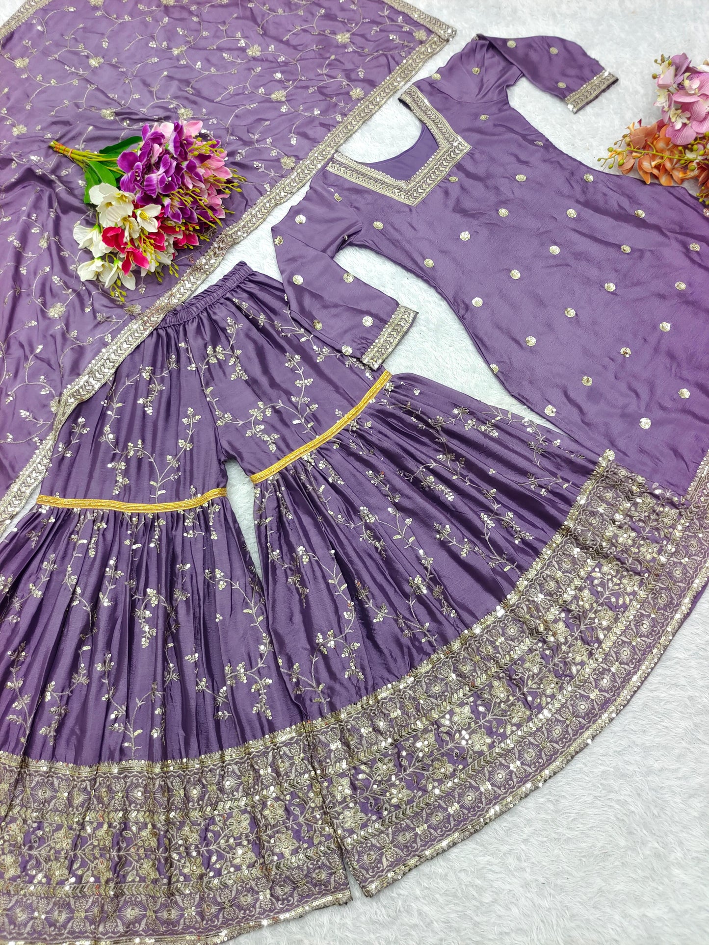 Function Wear Lavender Color Heavy Work Sharara Suit