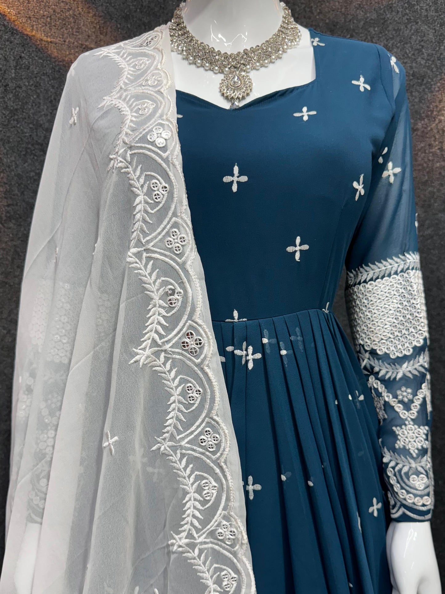 Wedding Wear Teal Blue Color Faux Georgette With Embroidery Work Designer Anarkali Suit