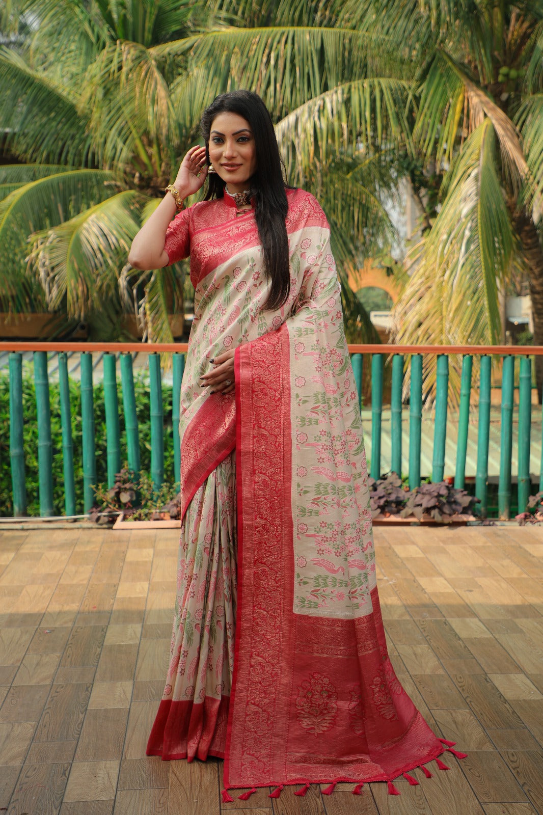 Beautiful Red Border With Cream Color Kanjivaram Silk Saree