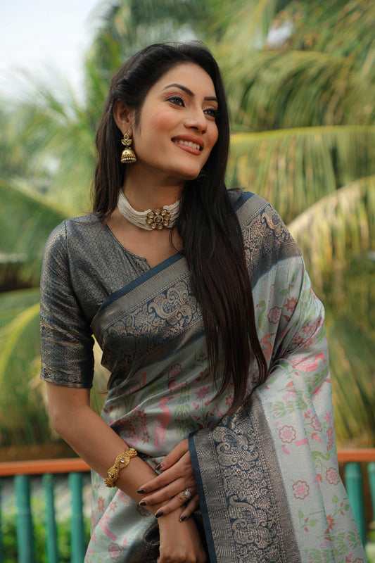 Beautiful Blue Border With Sky Blue Color Kanjivaram Silk Saree