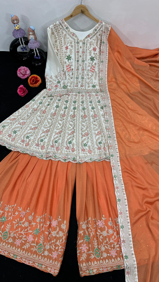 Pakistani Orange With White Thread With Dimond Work Sharara Suit