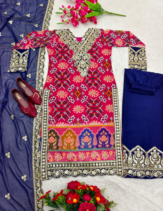 Blue With Pink Multi Print Design Demanding Palazzo Suit