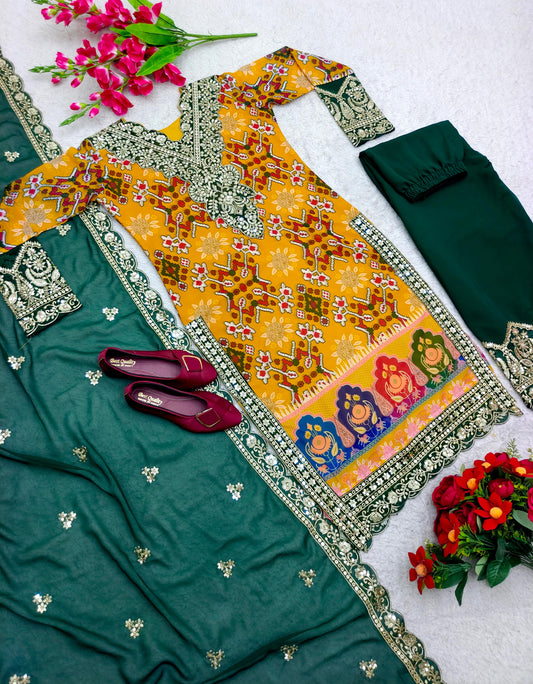 Green With Yellow Multi Print Design Demanding Palazzo Suit