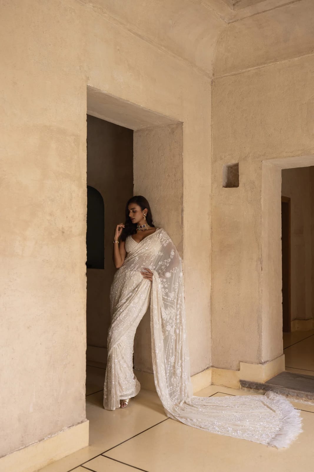 Fantastic White Color Sequence Embroidery Work Design Saree