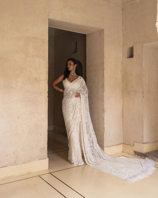 Fantastic White Color Sequence Embroidery Work Design Saree