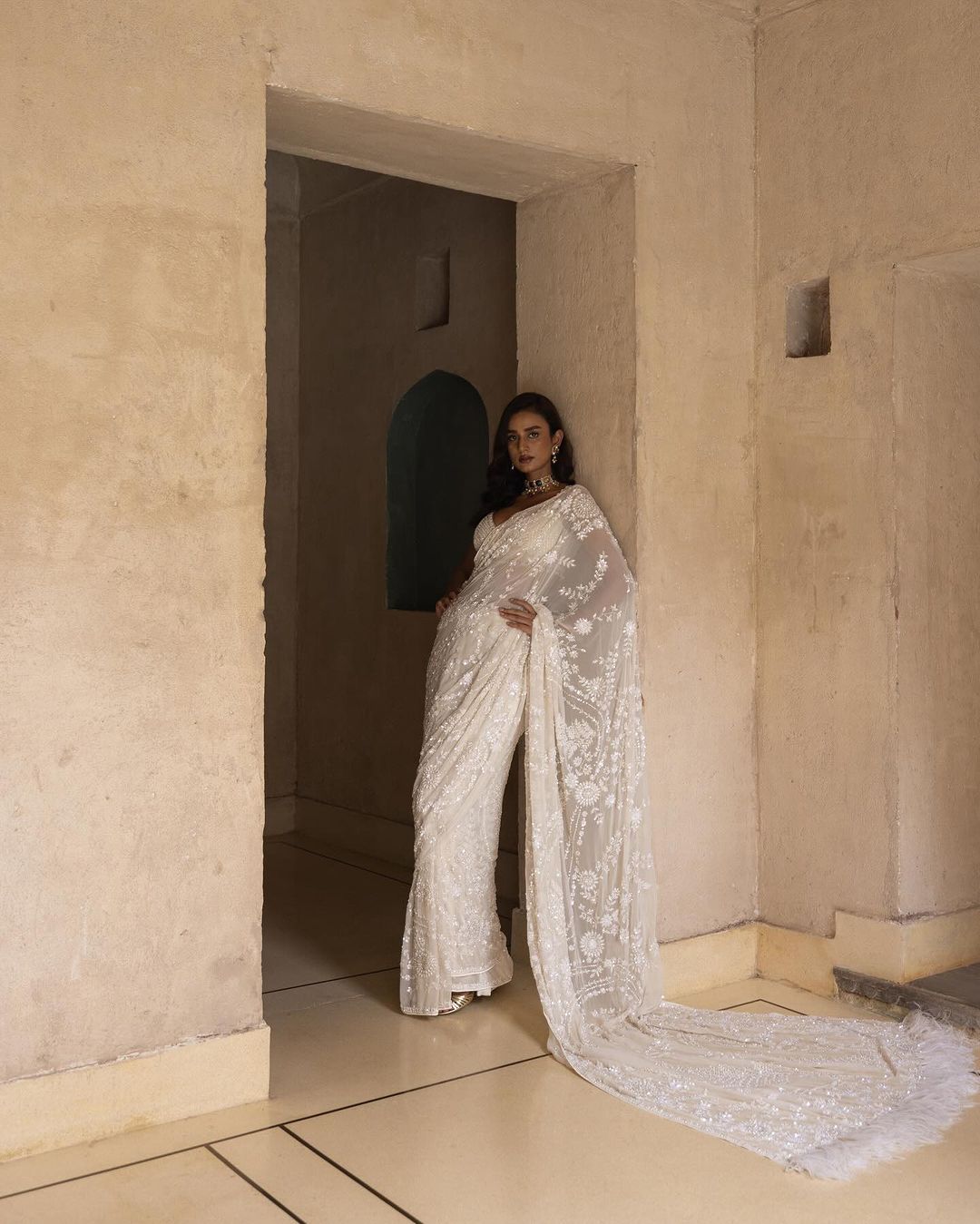 Fantastic White Color Sequence Embroidery Work Design Saree