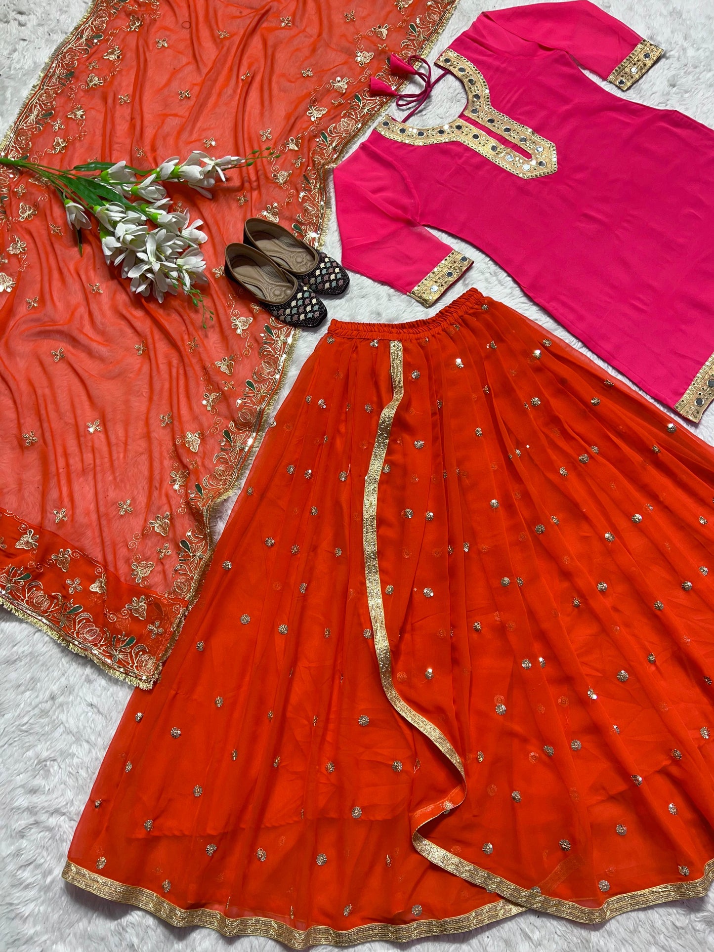 Party Wear Pink And Orange Color Faux Georgette With Heavy Embroidery 5mm Sequence Work Dhoti Suit