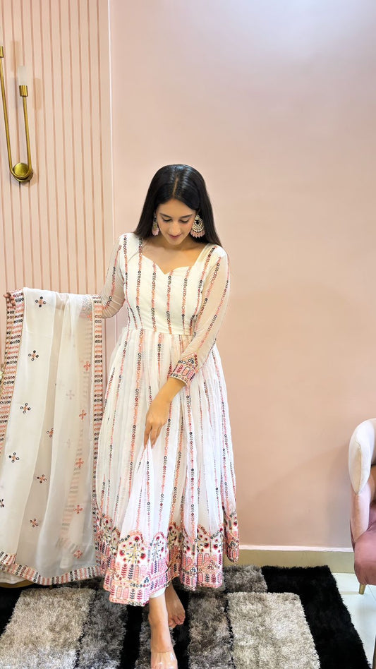 Peaceful Multi Embroidery Work White Color Georgette Suit