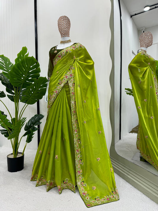 Presenting Green Color Heavy Sequence Work Saree