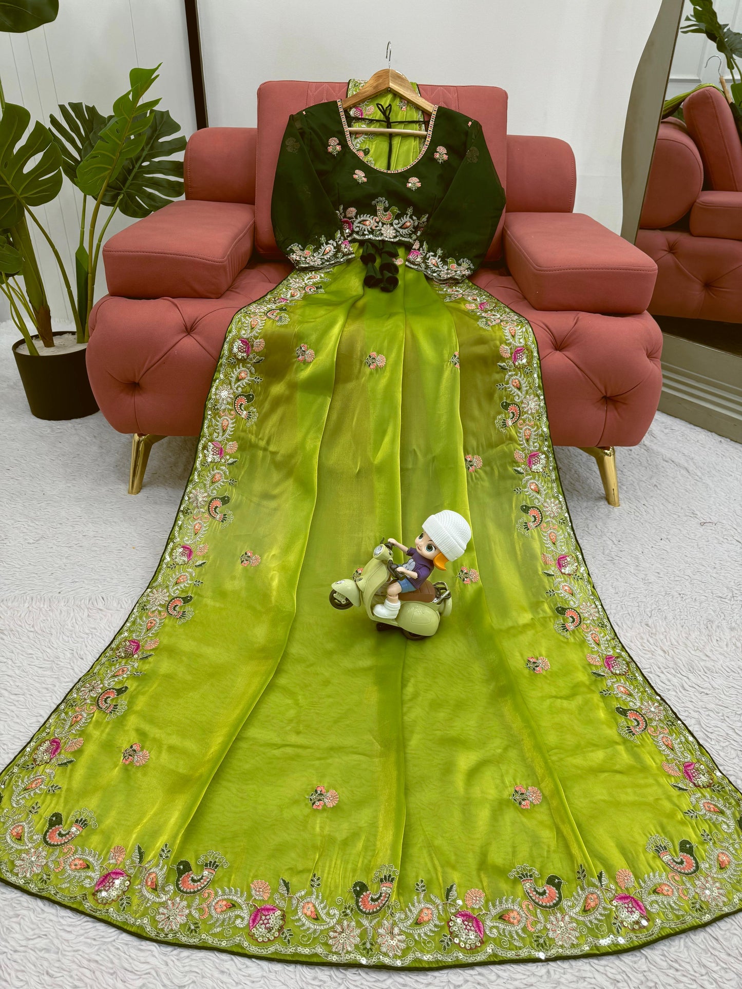 Presenting Green Color Heavy Sequence Work Saree