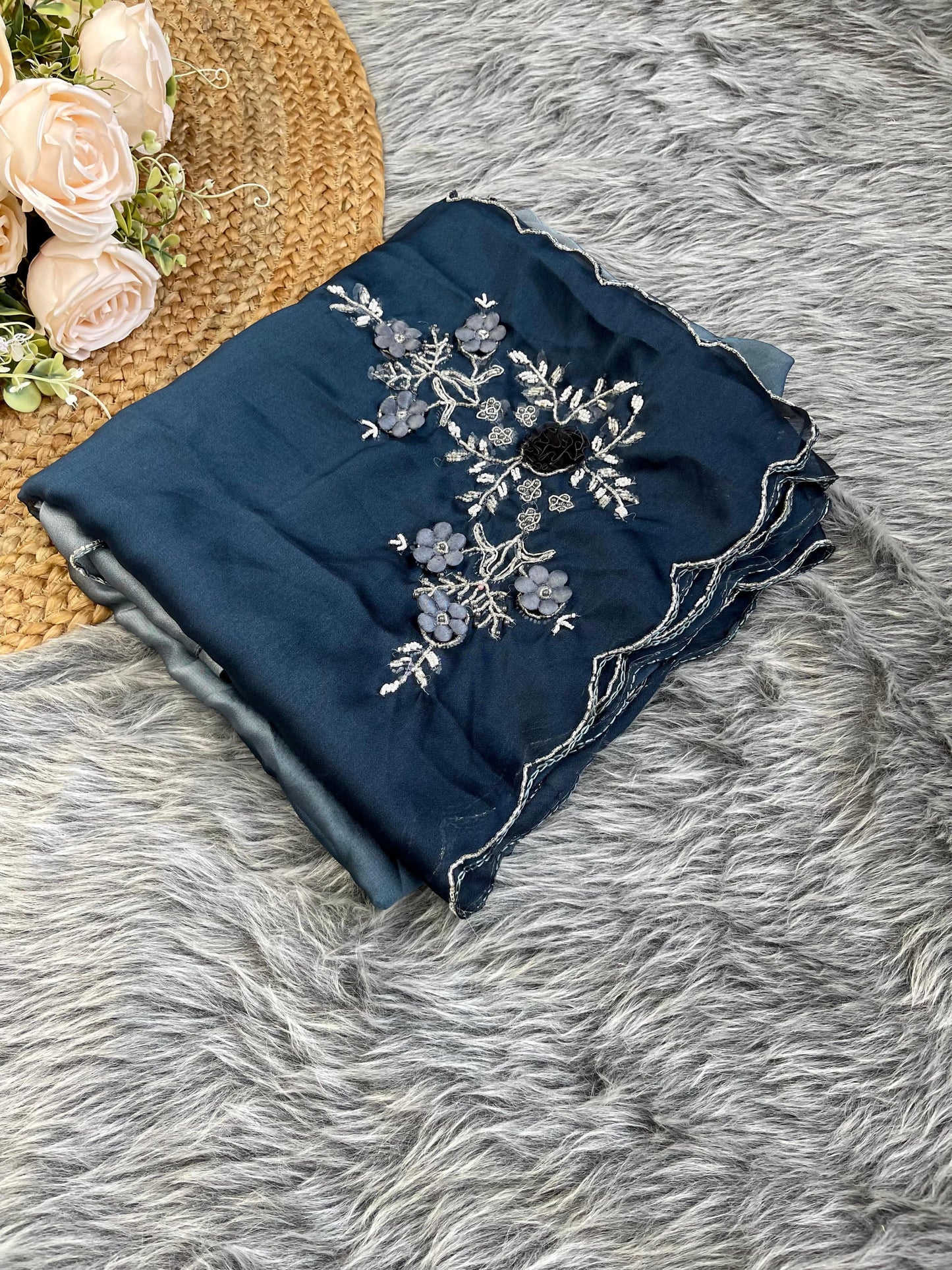 Peaceful Grey Color Shades Pure Soft Rangoli Silk With Heavy Handwork Khatli Butta Designer Saree