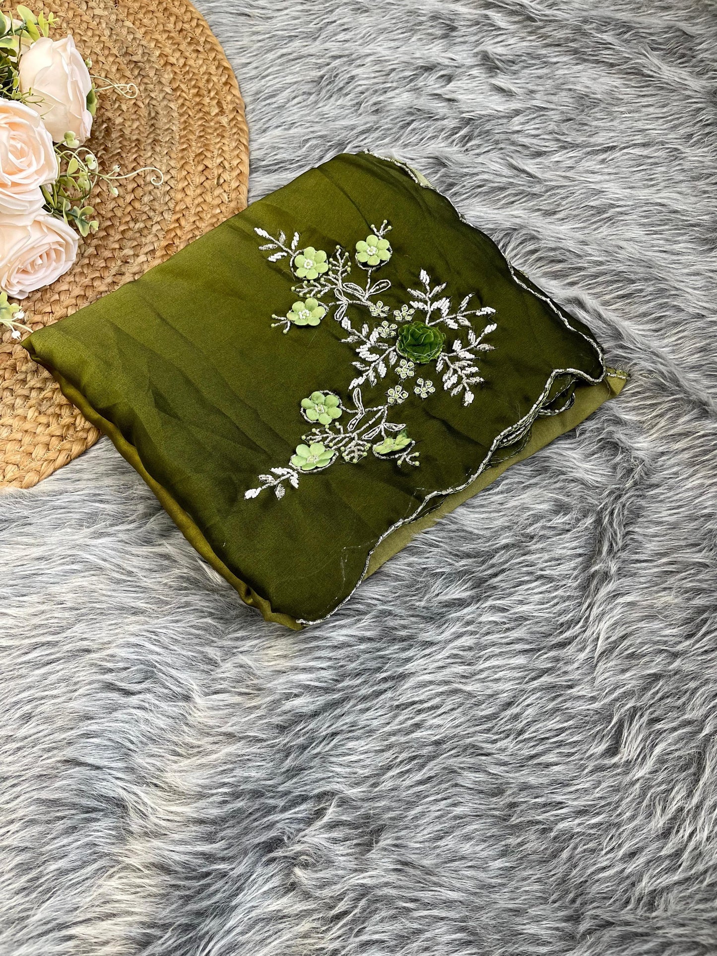 Unique Green Color Shades Pure Soft Rangoli Silk With Heavy Handwork Khatli Butta Designer Saree