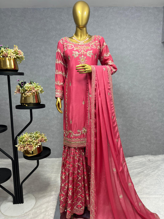 Beautiful Full Sequence With Mirror Work Pink Sharara Suit