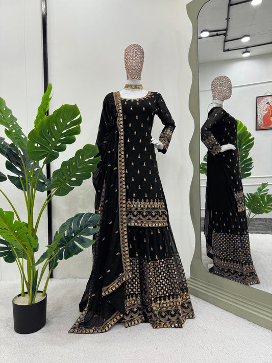 Thread With Sequence Work Black Color Delightful Sharara Suit