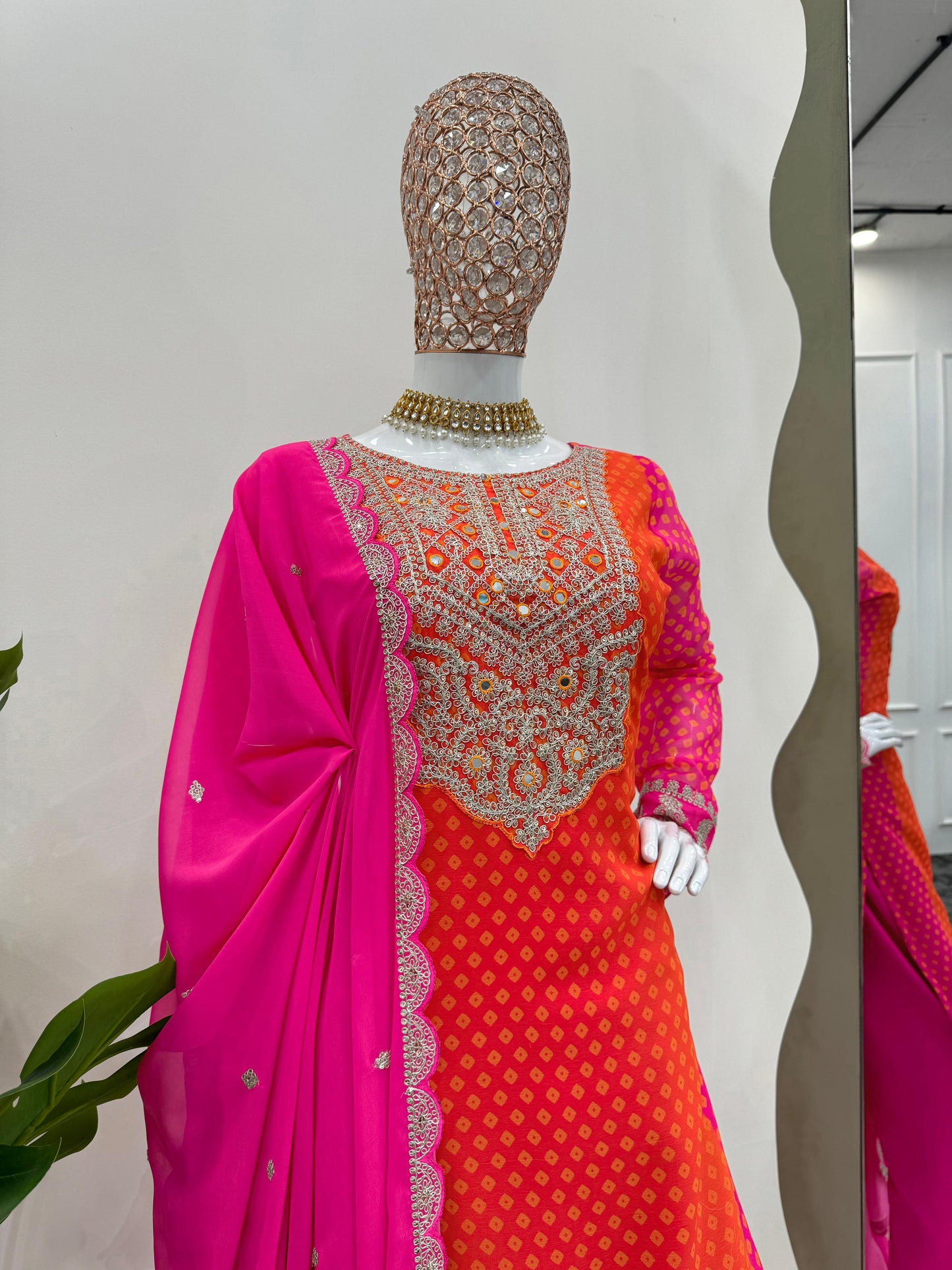 Designer Orange And Pink Color Chinon Silk Coding Sequence With Real Mirror And Digital Printed Salwar Suit