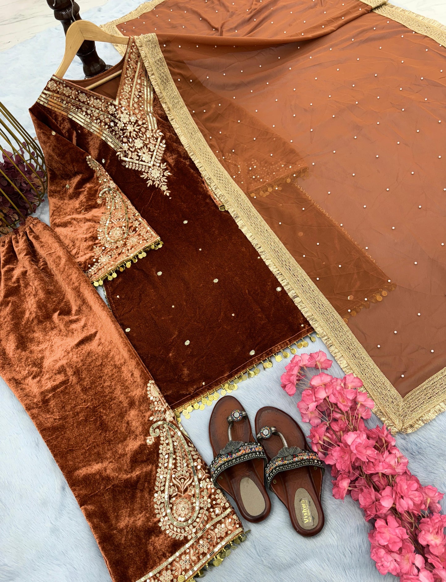 Classy Orange Color Heavy Pure Viscose Velvet Sequence Work With Rivet Moti Work Salwar Suit