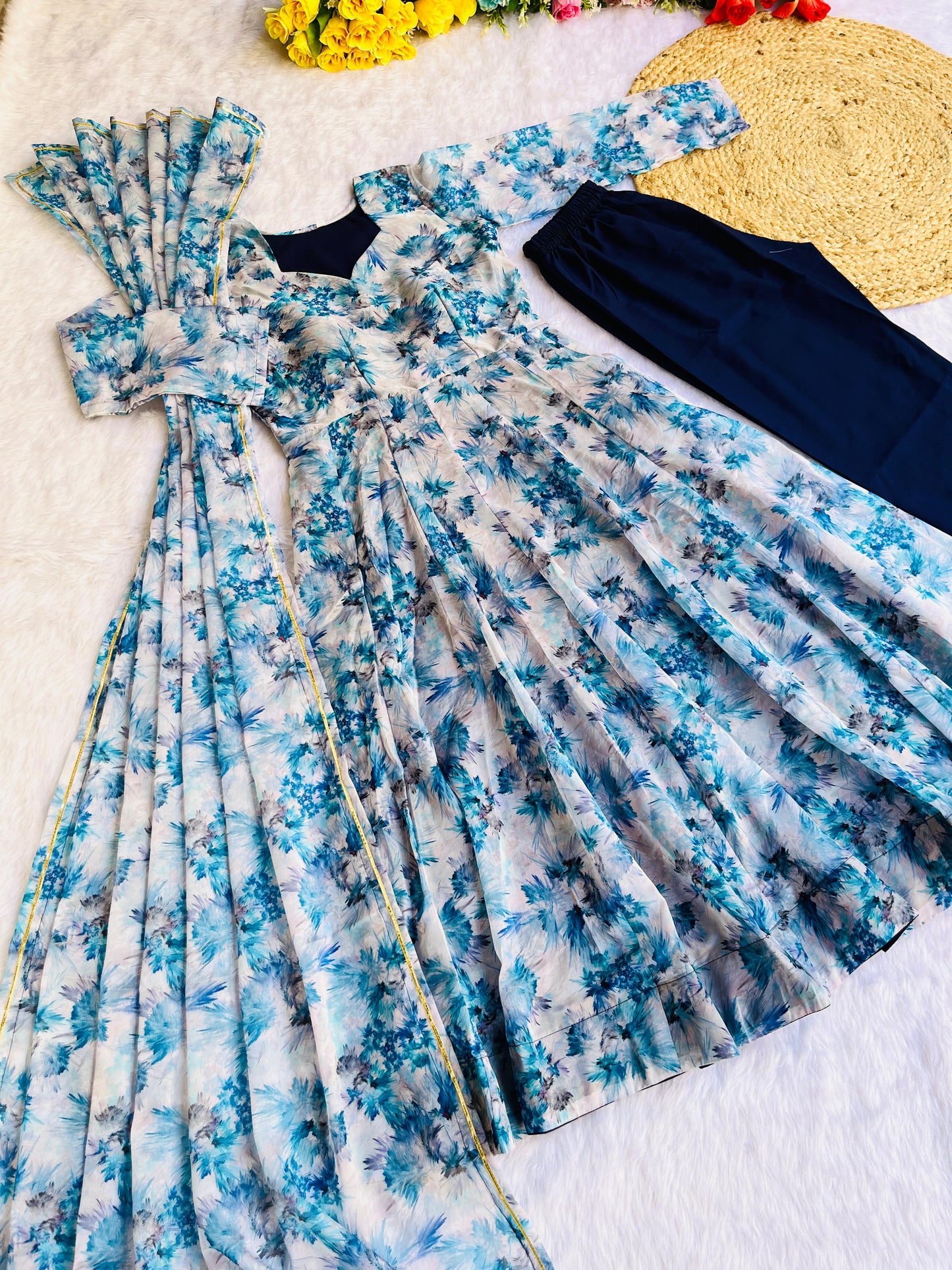Party Wear Sky Blue Organza Taby Silk With Digital Print Designer Gown