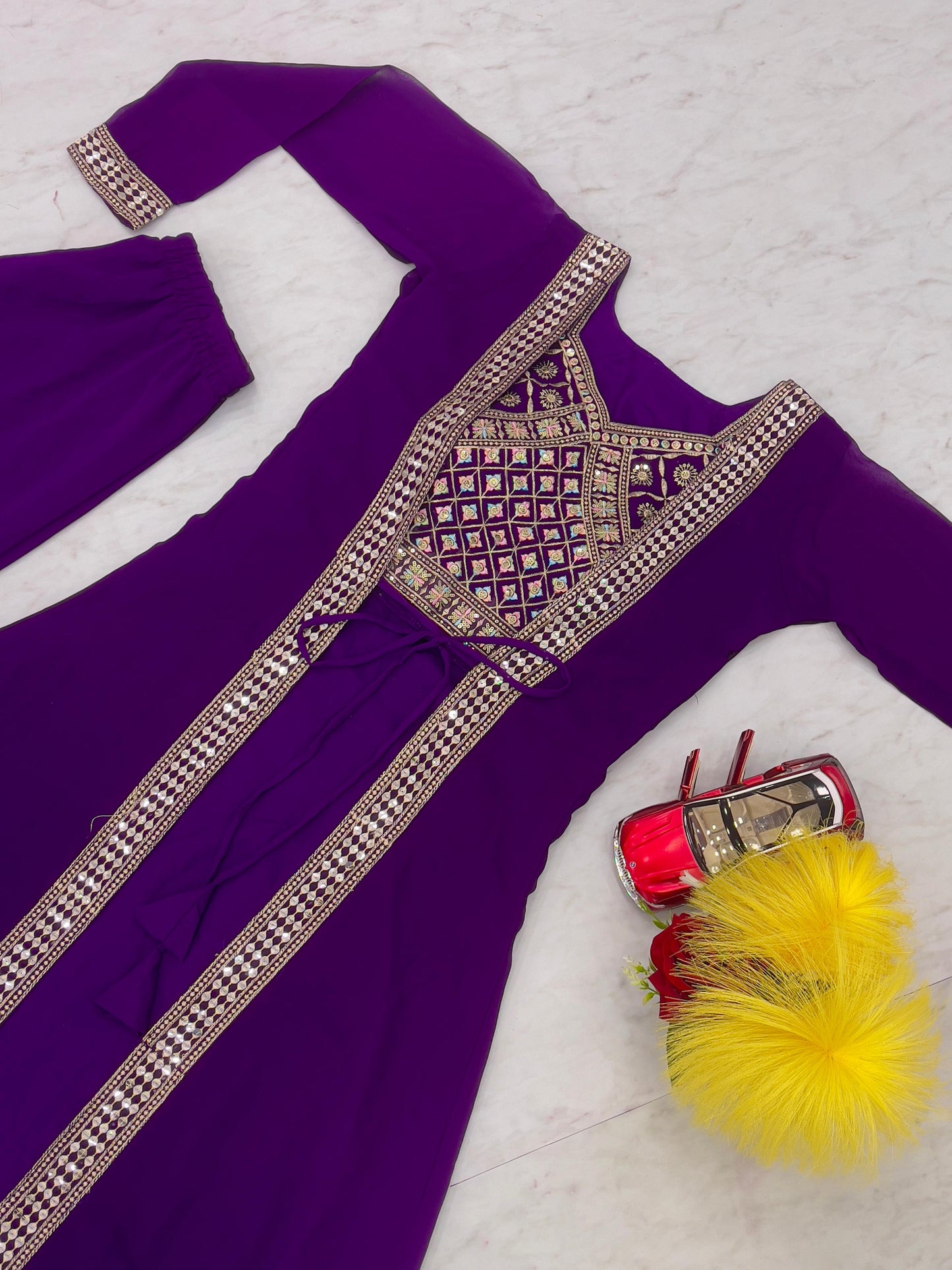 Party Wear Purple Color Foux Georgette Heavy Embroidery Lace Work Palazzo Suit With Shrug