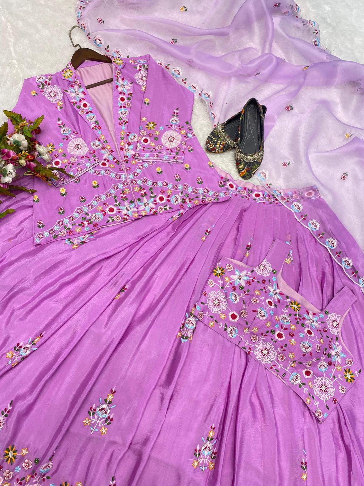 Wedding Wear Lavender Color Chinon Sequence Embroidery Work Lehenga Choli With Koti