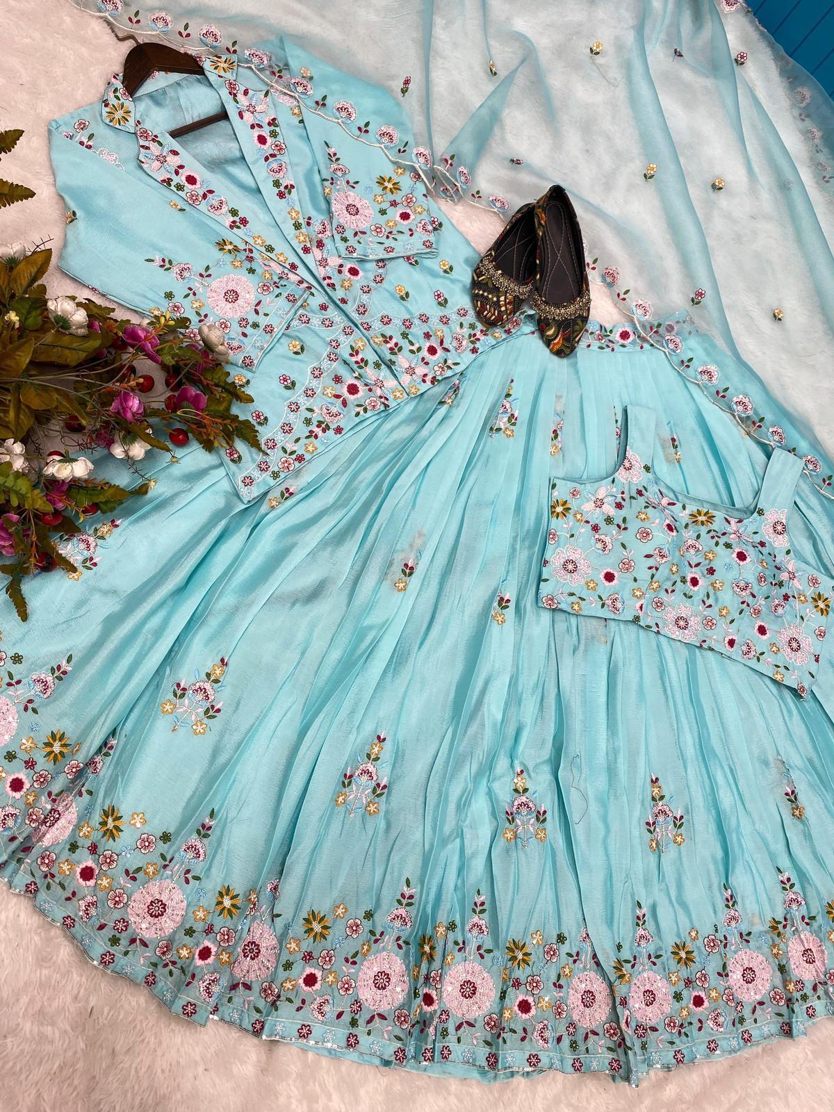 Party Wear Sky Color Chinon Sequence Embroidery Work Lehenga Choli With Koti
