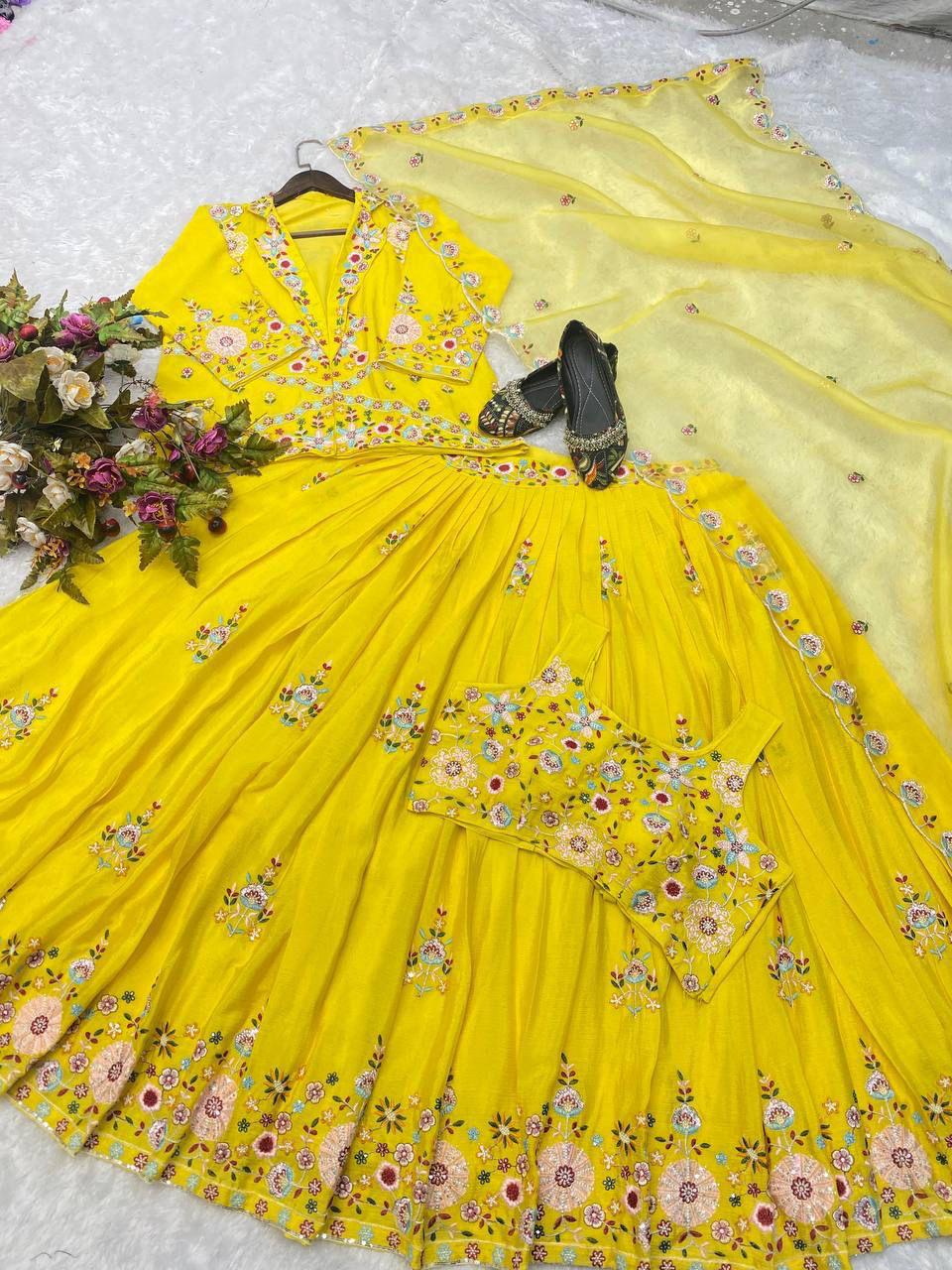 Haldi Special Wear Yellow Color Chinon Sequence Embroidery Work Lehenga Choli With Koti