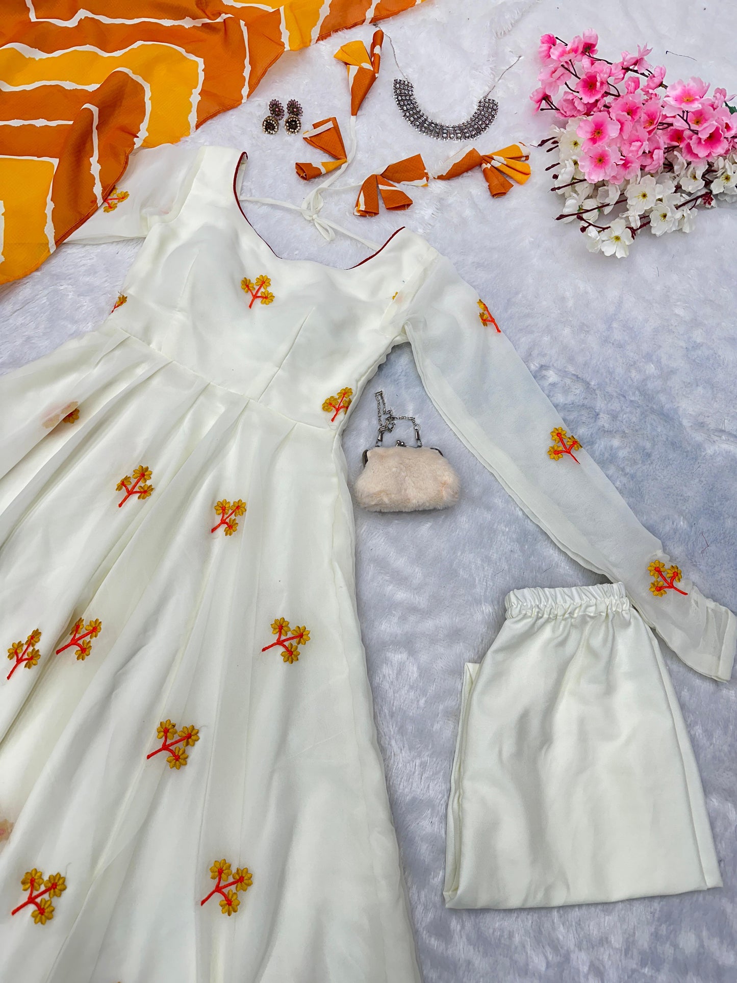 Party Wear White Color Embroidery Work Butta Georgette With Huge Flair Anarkali Suit