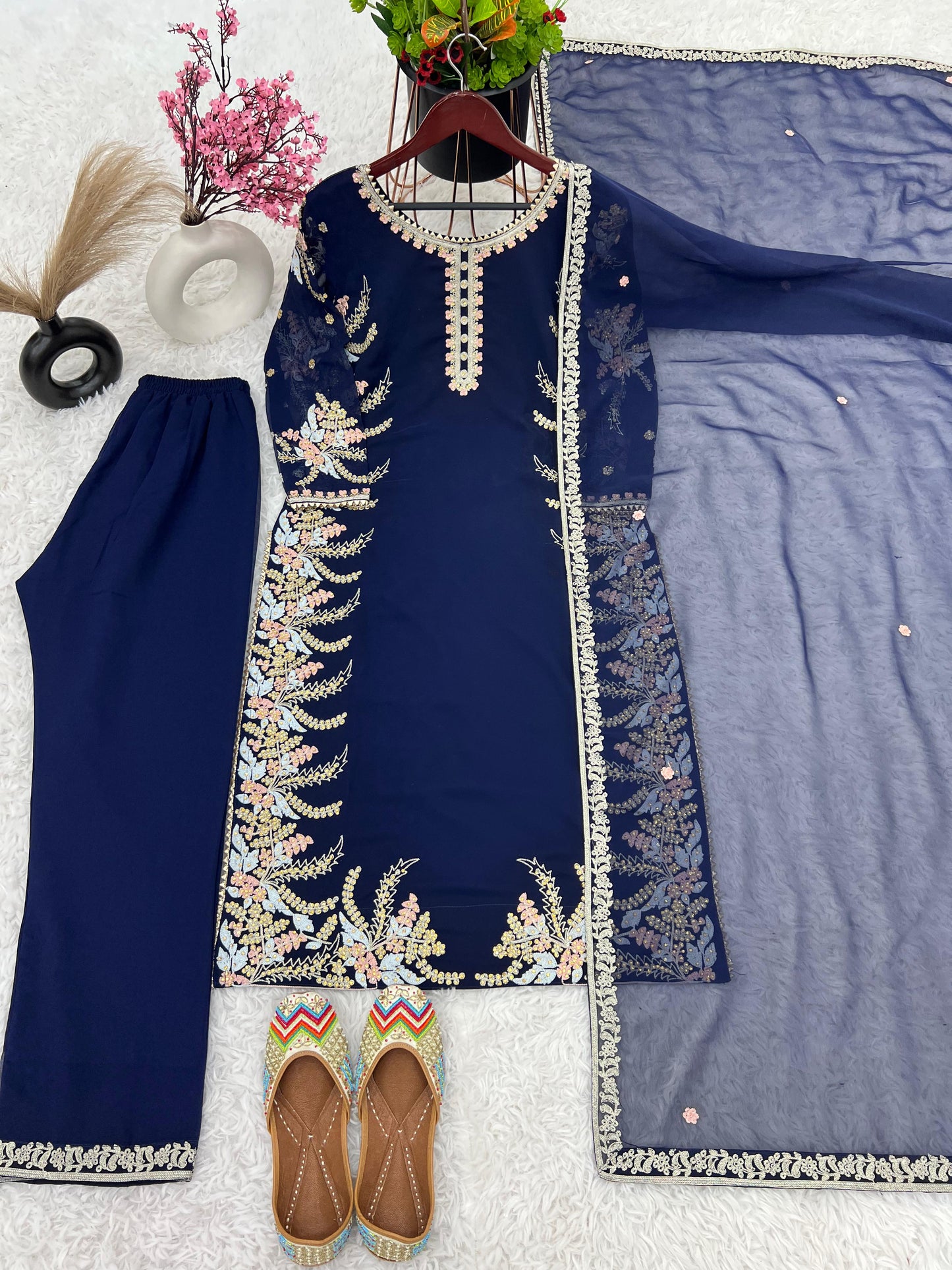 Classy Navy Blue Color Faux Georgette With Heavy Embroidery Work Salwar Suit