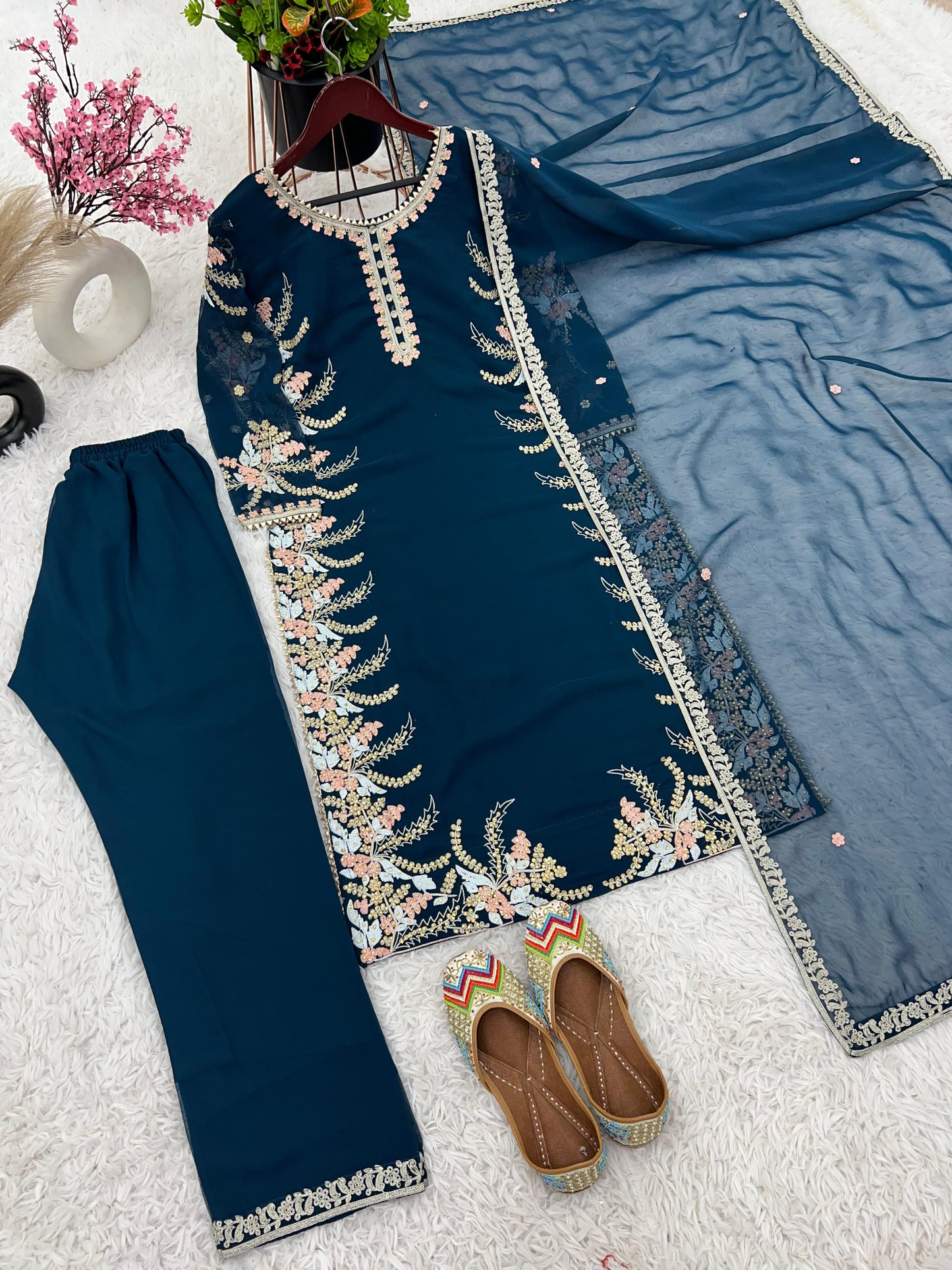 Classy Teal Blue Color Faux Georgette With Heavy Embroidery Work Salwar Suit