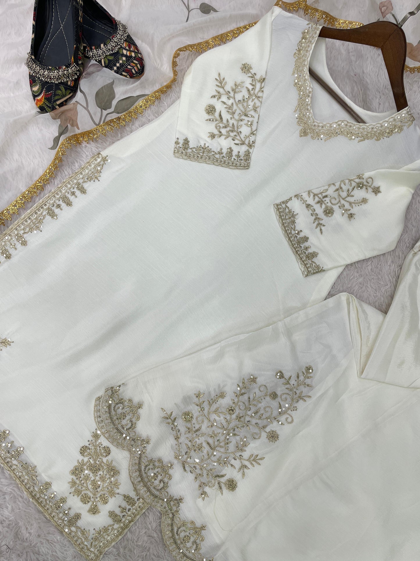 Peaceful Off White Color Chinon Sequence Embroidery Work Designer Sharara Suit