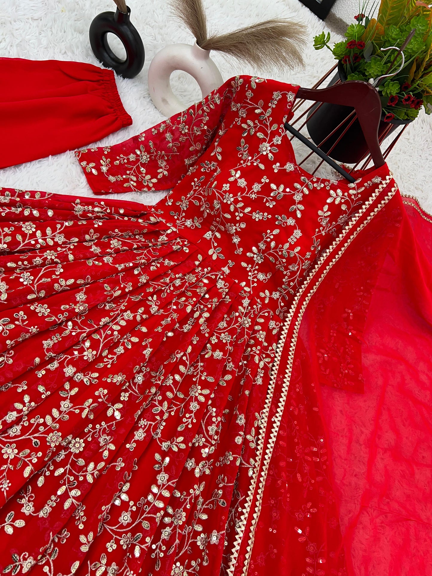 Charming Red Color Heavy Faux Georgette With Embroidery Work Anarkali Gown