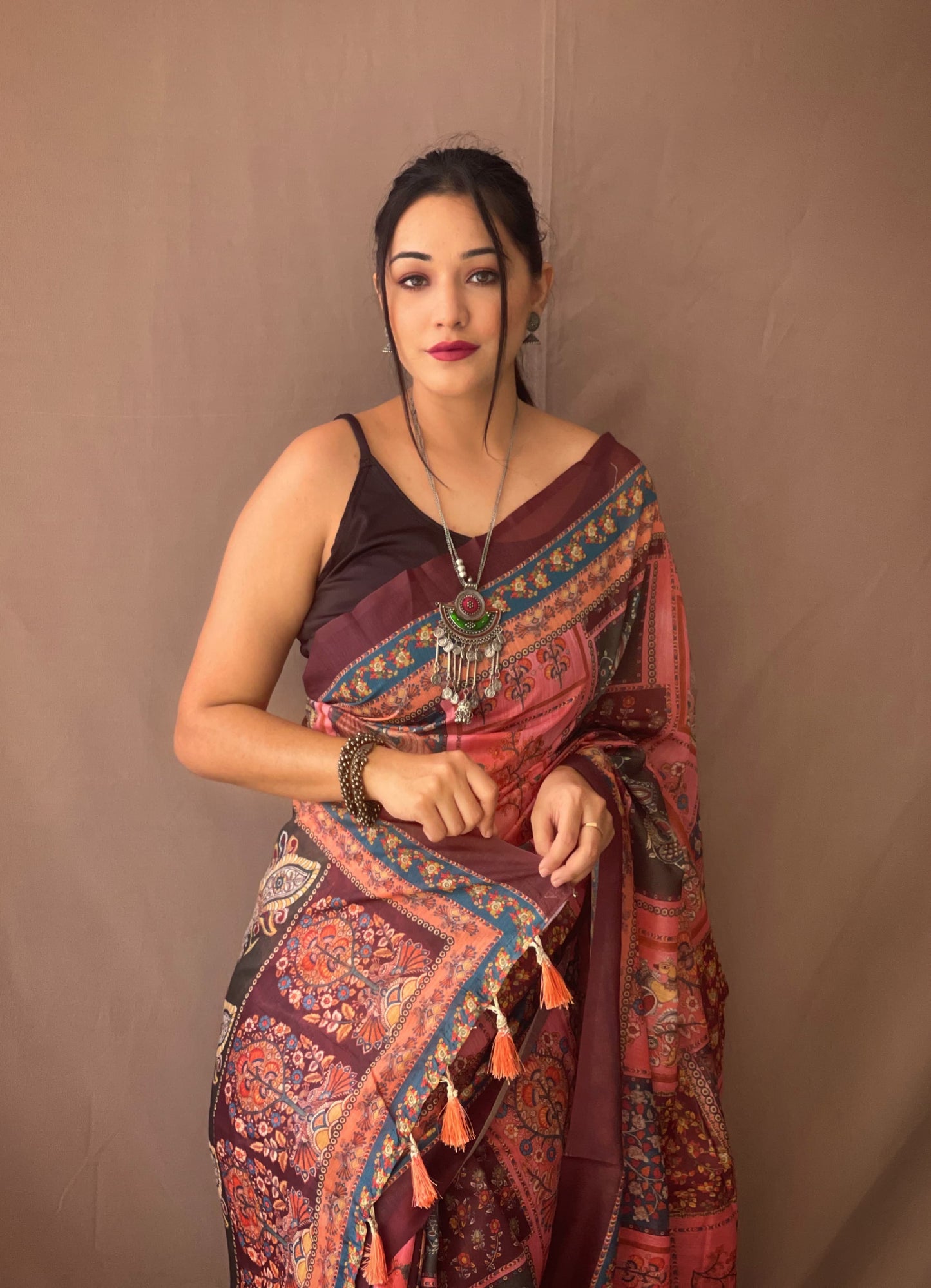 Blissful KALAMKARI PRINTS Orange Color Saree